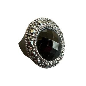 Vintage Cocktail Ring Large Black Faceted Stone Faux Marcasite Statement 5.5